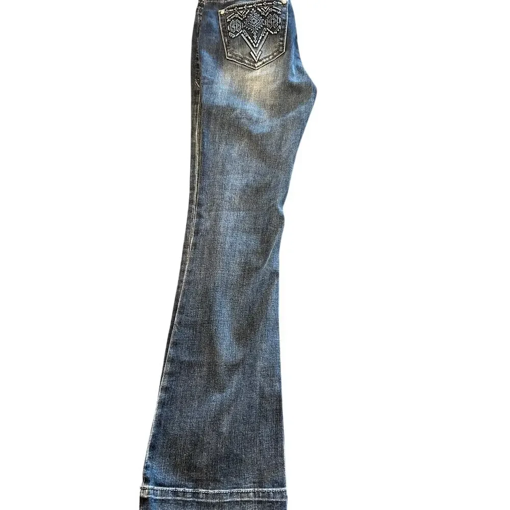 Grace in LA Womens 28 Bootcut Jeans Blue Embellished Aztec Pocket Western EUC